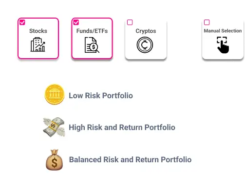 A screen displaying user-selected preferences (e.g., sliders for risk tolerance and asset types) alongside a dynamically updating portfolio allocation pie chart.