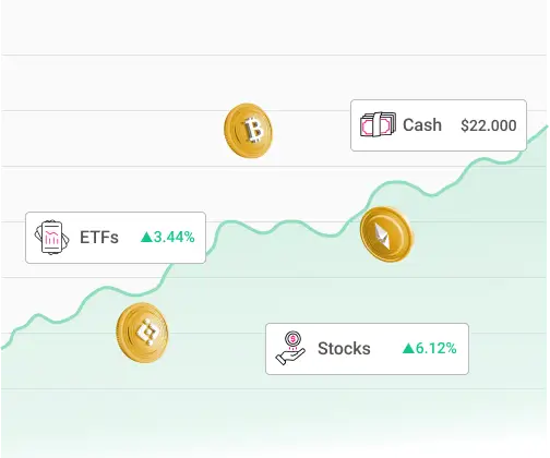 A portfolio summary screen showing a total portfolio value with a breakdown of asset types (stocks, crypto, ETFs), along with performance indicators like daily change and 1-year return.